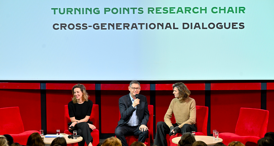 HEC Paris Professor Anne Laure Seiller, Cyrille Vigneron, President and CEO of Cartier, and Ben Voyer ESCP Professor - Cartier - ESCP - HEC Paris Turning Points Chair Cross-generational Dialogues - March 2024