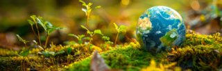 Globe vert en forêt avec mousse et lumière du soleil abstraite pour le jour de la terre