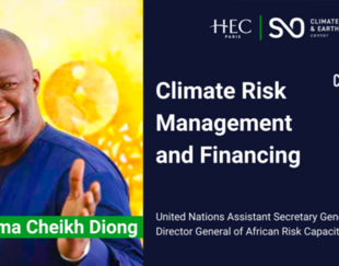 A promotional slide for a presentation titled 'Climate Risk Management and Financing' by Ibrahima Cheikh Diong. The slide features a photo of Ibrahima Cheikh Diong smiling and gesturing, with his name highlighted in a green banner. It also includes the logos of HEC Paris and Climate & Earth Center. The text indicates his titles as United Nations Assistant Secretary General (ASG) and Director General of African Risk Capacity (ARC) Group. The 'Climate Day' logo is also displayed.