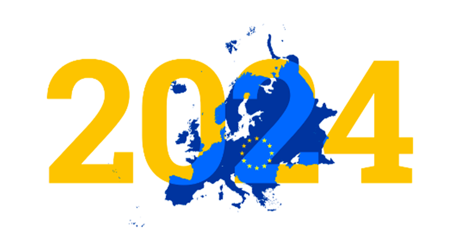 The image displays the year 2024 in bold yellow numbers with the European Union flag's blue and yellow stars superimposed on a map of Europe within the digits